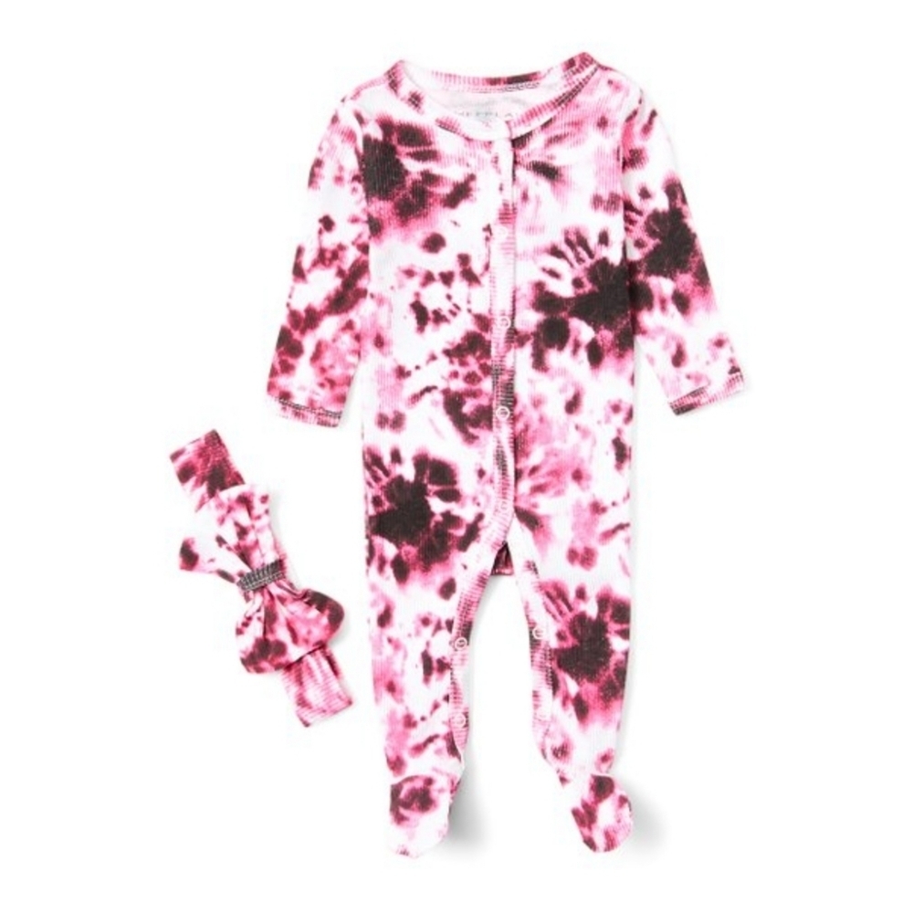 NWT Wee Play Pink & Black Tie-Dye Footie‎ & Bow-Accent Headband - 6-9 Months